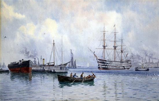 Martin Snape (fl.1874-1901) HMS Victory in harbour, 9.75 x 15.25in.